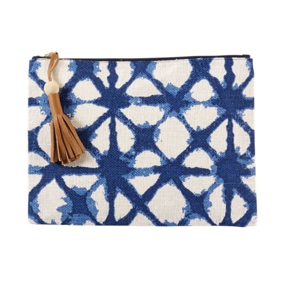 Mud Pie Handbags - Mud Pie Blue tie dye Jute envelope Clutch​​​